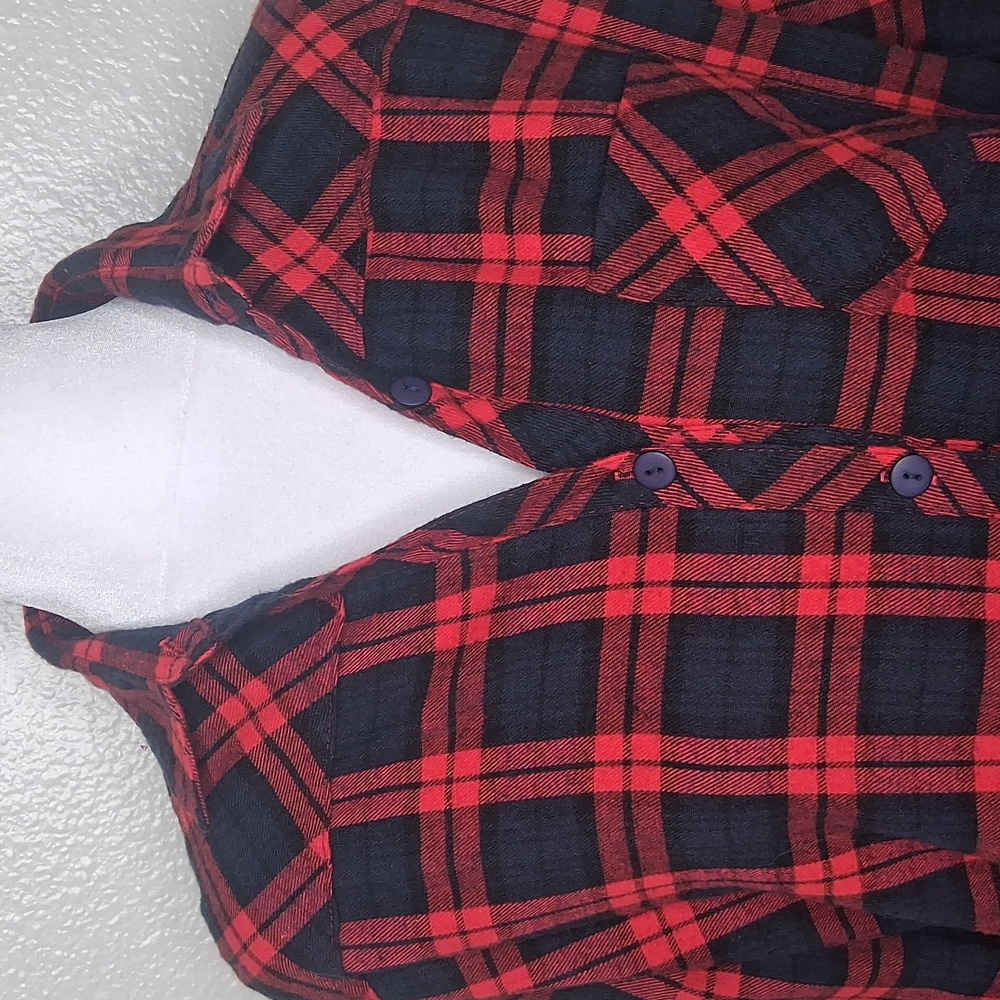 Jade Red Black Navy Plaid Flannel Dress Button Front Roll Tab Sleeve Small - Picture 6 of 14